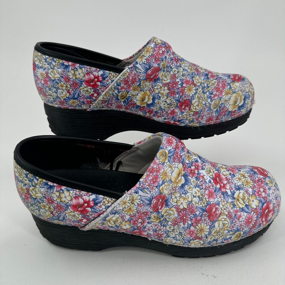Skechers Work Clogs Mules Shoes WOMENS Multicolor Floral Leather Slip On SIZE 10